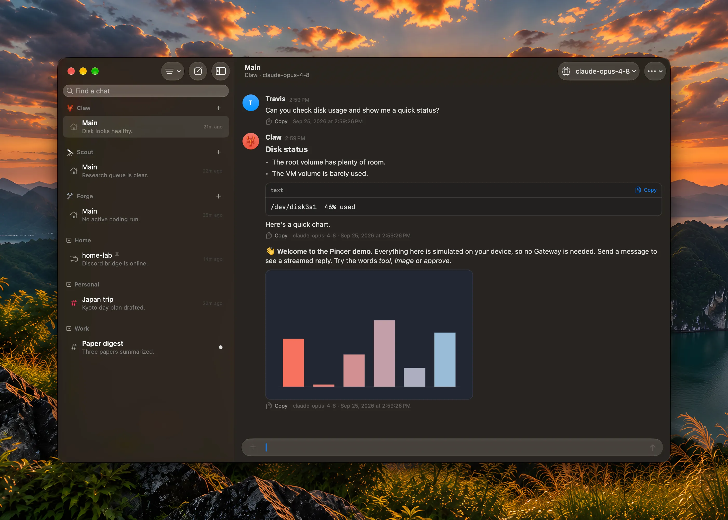 Pincer on macOS showing a sidebar of agents and channels, and a chat with a tool result, a code block and an inline chart.